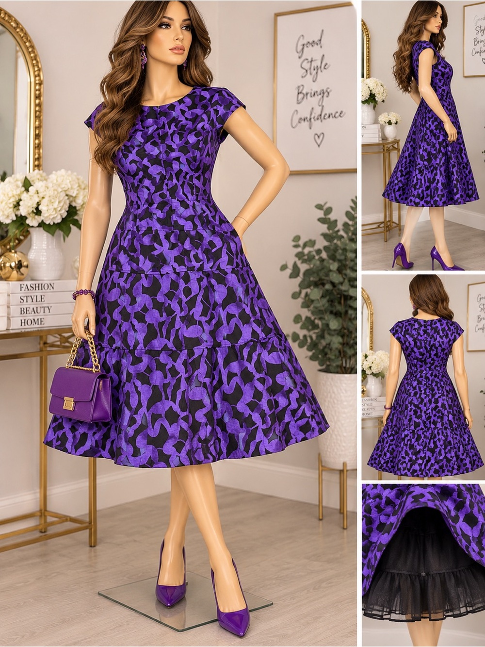 Anne Klein Women’s Purple Black Patterned Fit & Flare Dress Size 10 Elegant Line